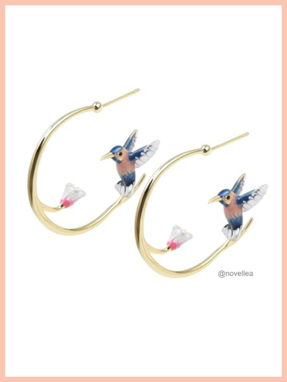 Handmade Hummingbird Enamel Hoop Earrings, 925 Sterling Silver Post